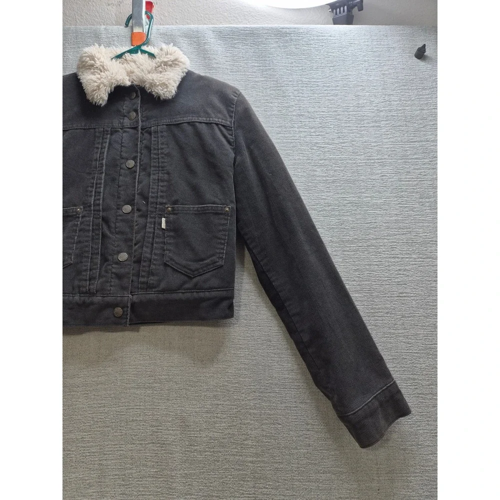 Levi's Corduroy Trucker Cropped Jacket Womens XS Charcoal Gray Sherpa Lined